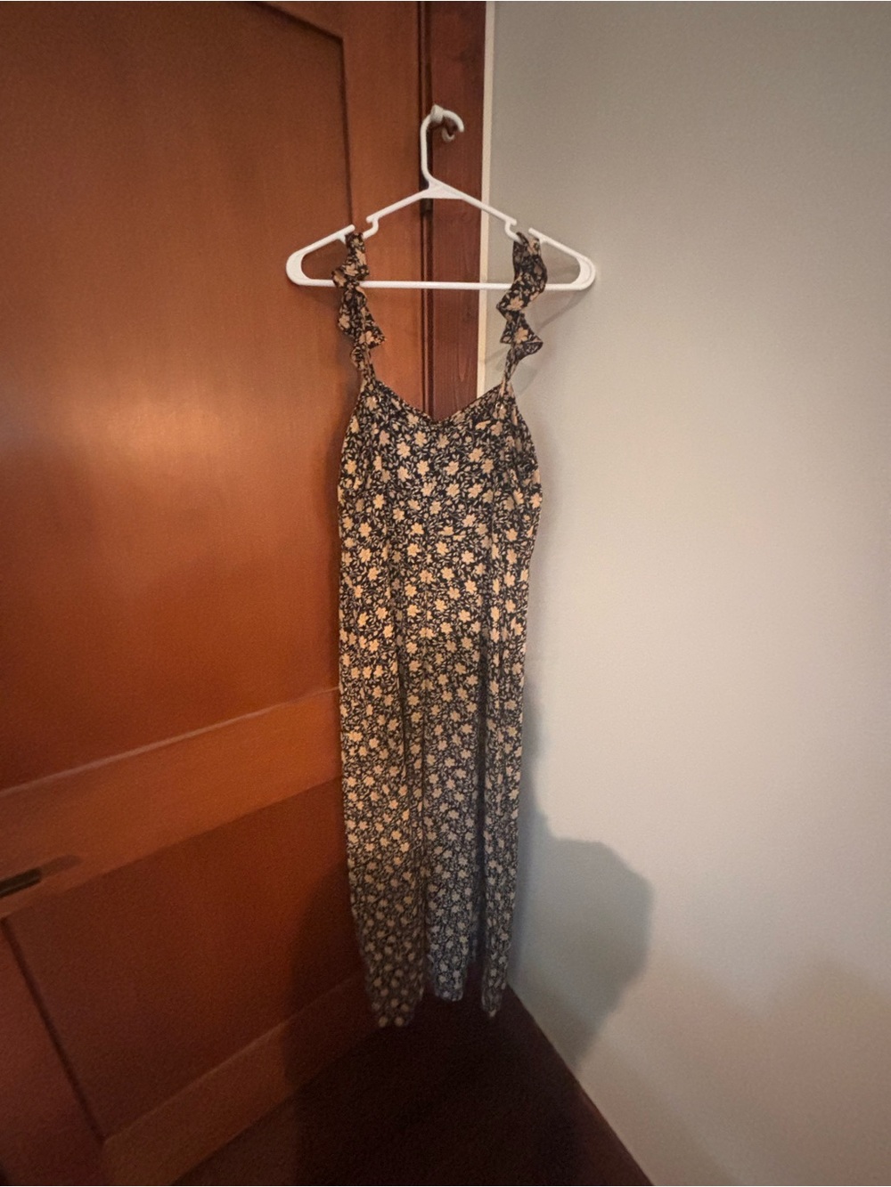 Lulu's Black Maxi Dress with Cream Floral Print and Ruffle Straps